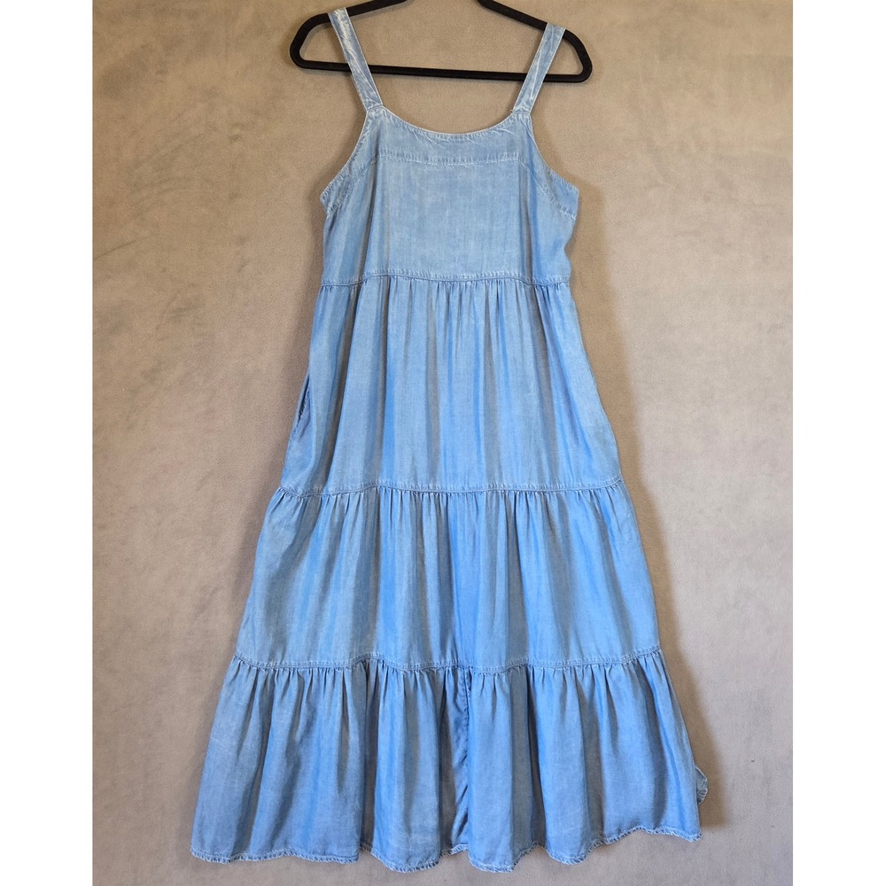 The Drop Britt Chambray Maxi Dress Women's Medium Blue Tiered Boho Coastal